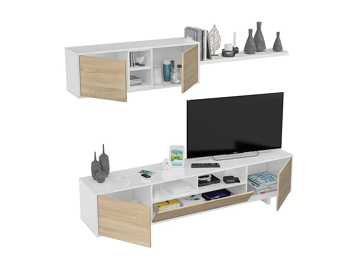 Pared equipada Dafanti, Mueble de tv para salón, Composición del juego de sala, Juego de salón con mueble alto, 260x41h46 cm, Blanco brillo y roble