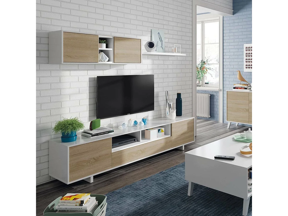 Einbaufertige Wand Dafanti, TV-Ständer für Wohnzimmer, Zusammensetzung des Wohnzimmersets, Wohnzimmergarnitur mit Schrankwand, 260x41h46 cm, Glänzend Weiß und Eiche