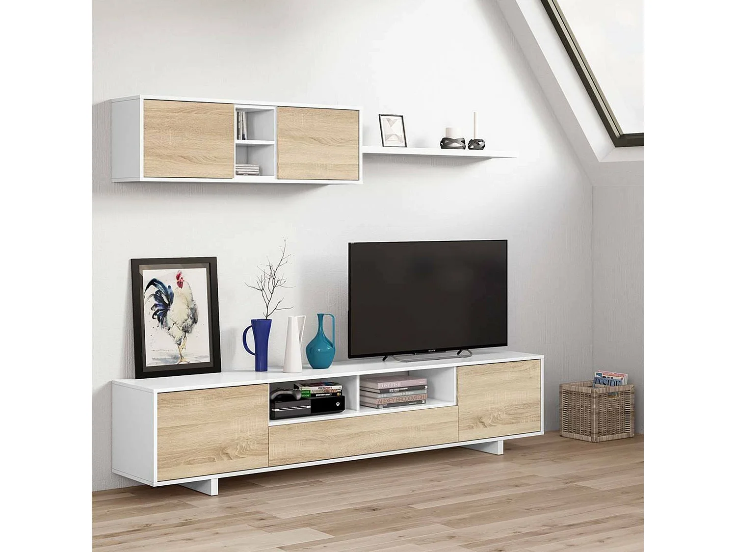 Système mural Dafanti, meuble TV, composition d'ensemble de salon, ensemble de salon avec élément mural, 260x41h46 cm, blanc brillant et chêne