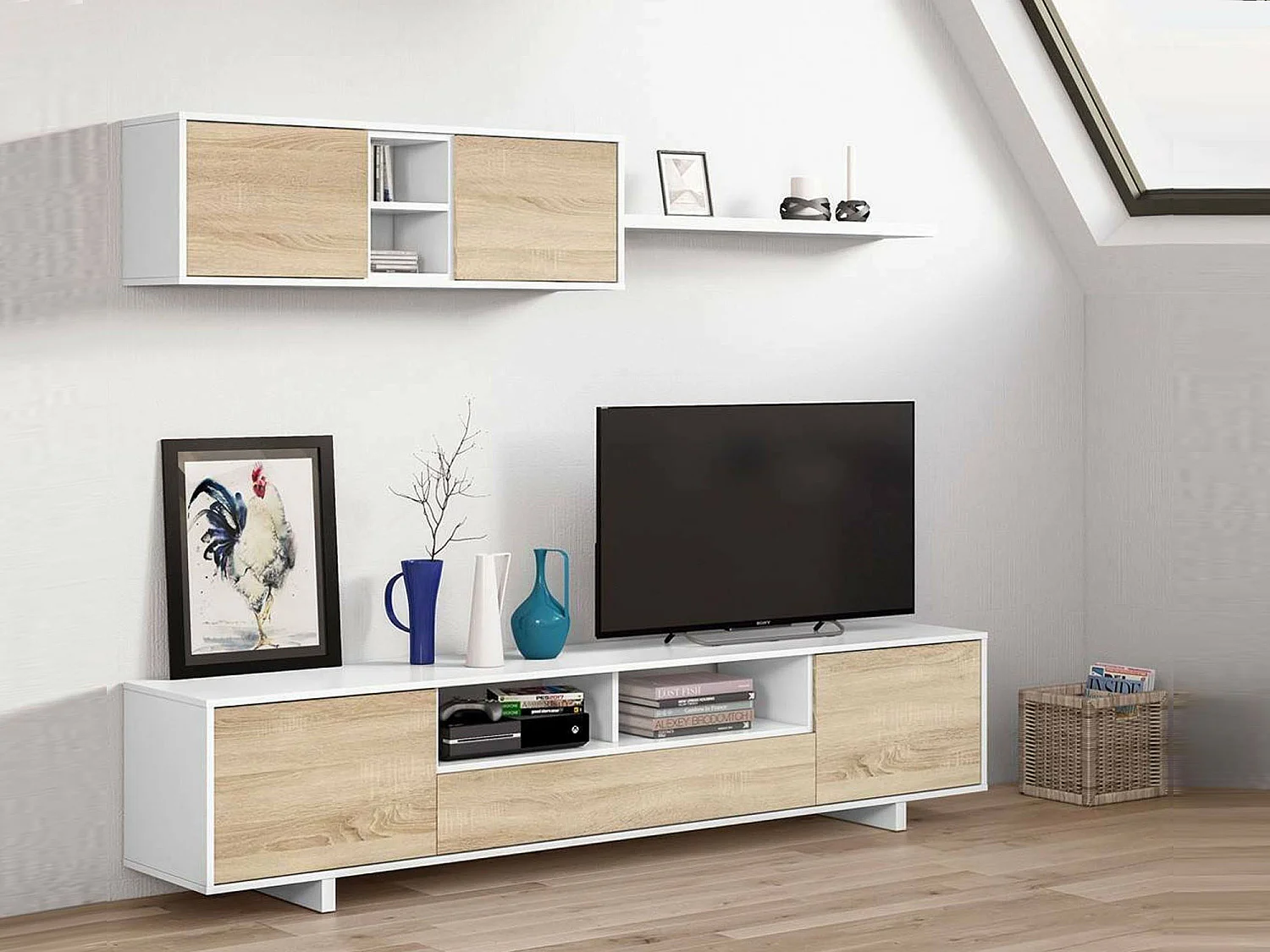 Dafanti wandsysteem, TV meubel woonkamermeubel, Samenstelling woonkamerset, Woonkamerset met wandmeubel, 260x41h46 cm, Glanzend wit en eiken