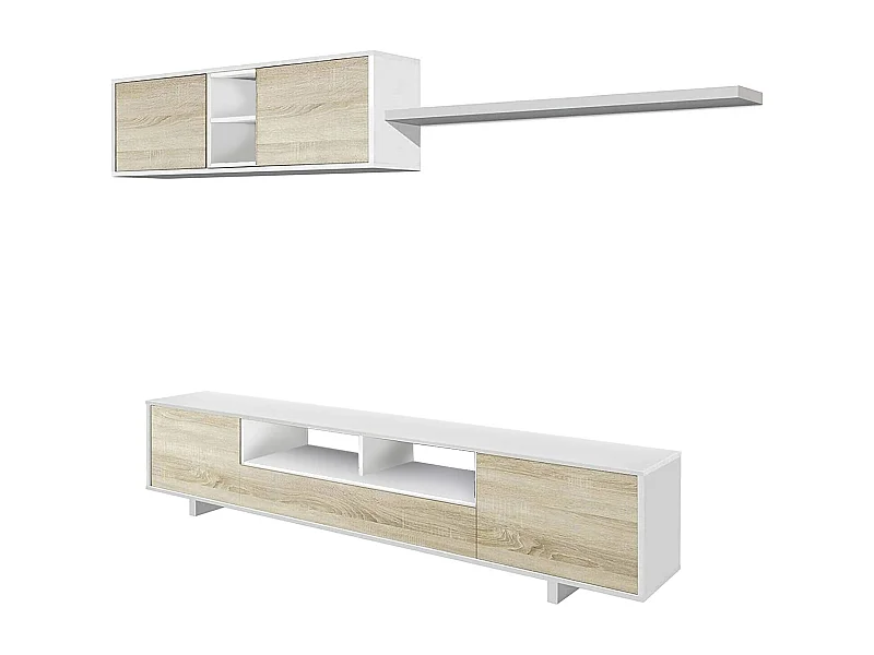 Sistema de parede Dafanti, móvel de sala de TV, composição de conjunto de sala, conjunto de sala com móvel de parede, 260x41h46 cm, branco brilhante e carvalho