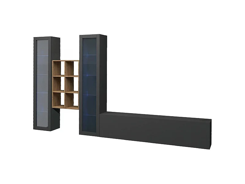 Système mural Dcorrei, ensemble de salon meuble TV 3 portes, meuble de salon polyvalent avec vitrine et lumière LED, 100% Made in Italy, 320x30h180 cm, Anthracite