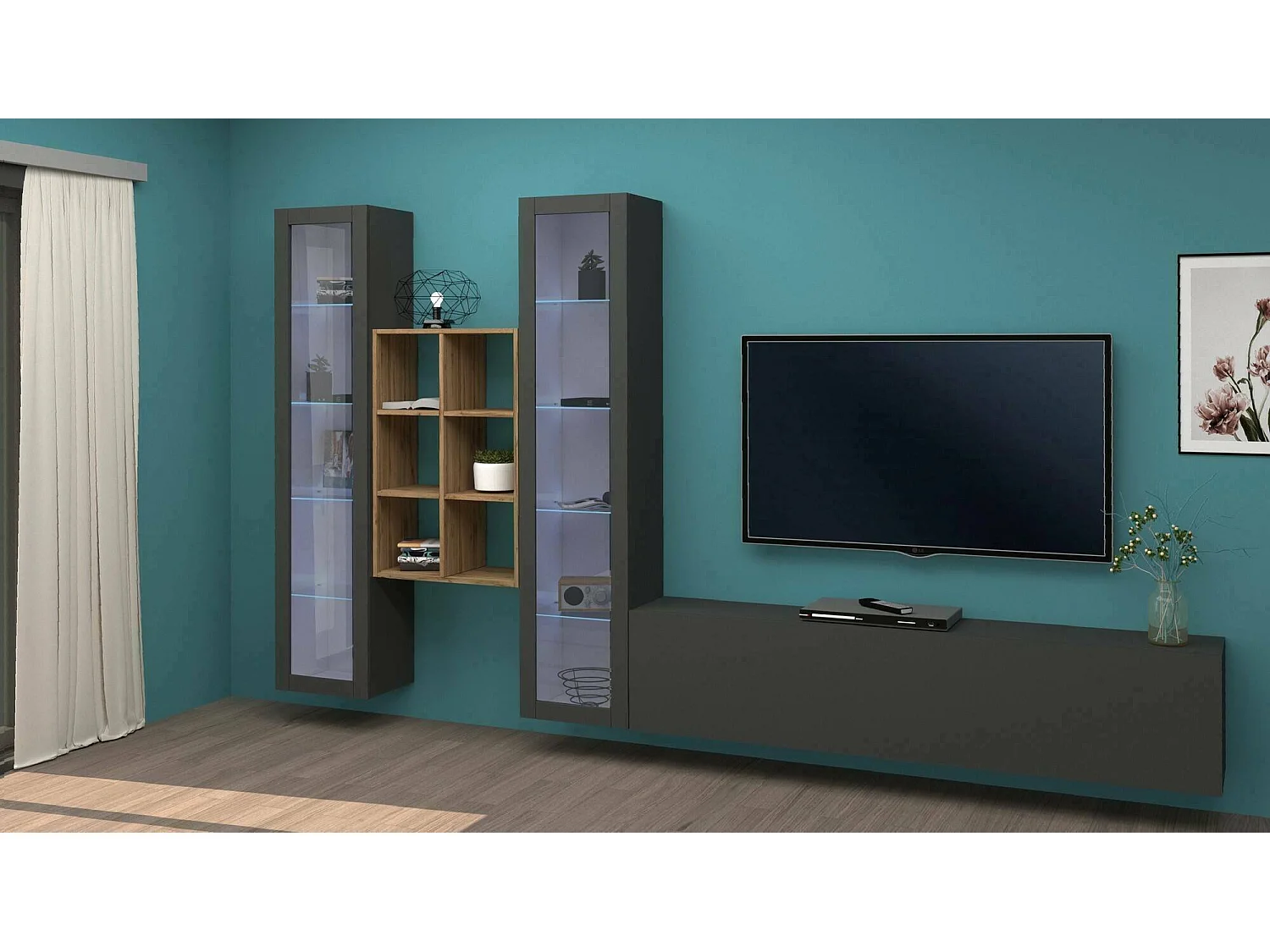 Dmora - Parete attrezzata Lome, cm 320x30h180, Antracite