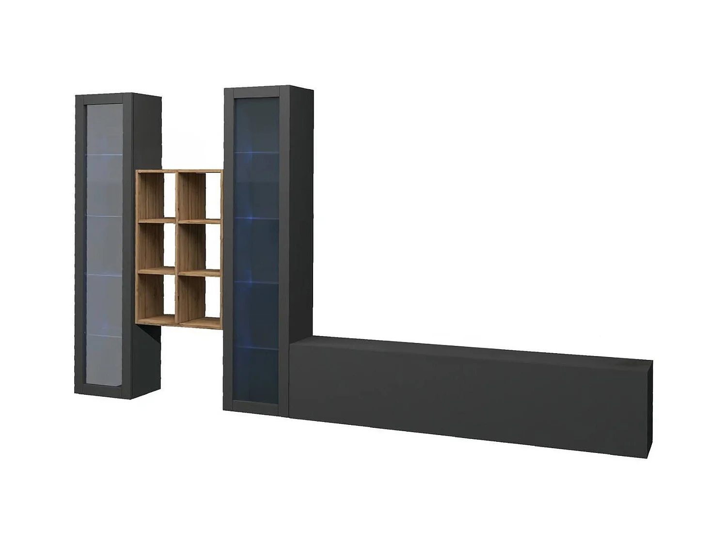 Système mural Dcorrei, ensemble de salon meuble TV 3 portes, meuble de salon polyvalent avec vitrine et lumière LED, 100% Made in Italy, 320x30h180 cm, Anthracite