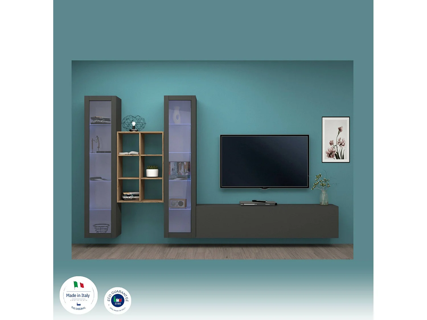 Système mural Dcorrei, ensemble de salon meuble TV 3 portes, meuble de salon polyvalent avec vitrine et lumière LED, 100% Made in Italy, 320x30h180 cm, Anthracite