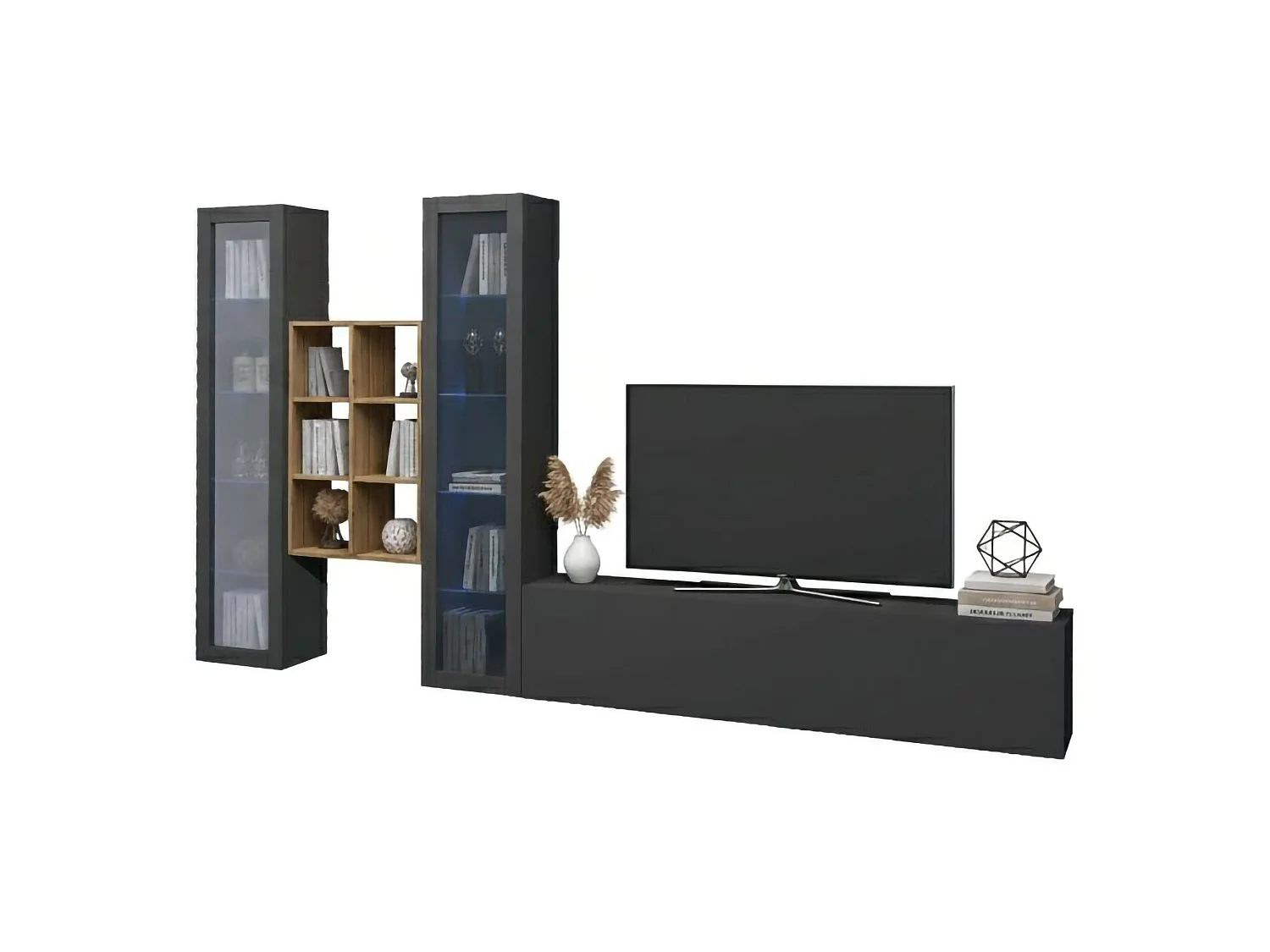 Système mural Dcorrei, ensemble de salon meuble TV 3 portes, meuble de salon polyvalent avec vitrine et lumière LED, 100% Made in Italy, 320x30h180 cm, Anthracite