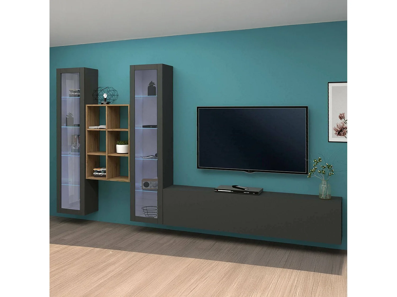 Système mural Dcorrei, ensemble de salon meuble TV 3 portes, meuble de salon polyvalent avec vitrine et lumière LED, 100% Made in Italy, 320x30h180 cm, Anthracite