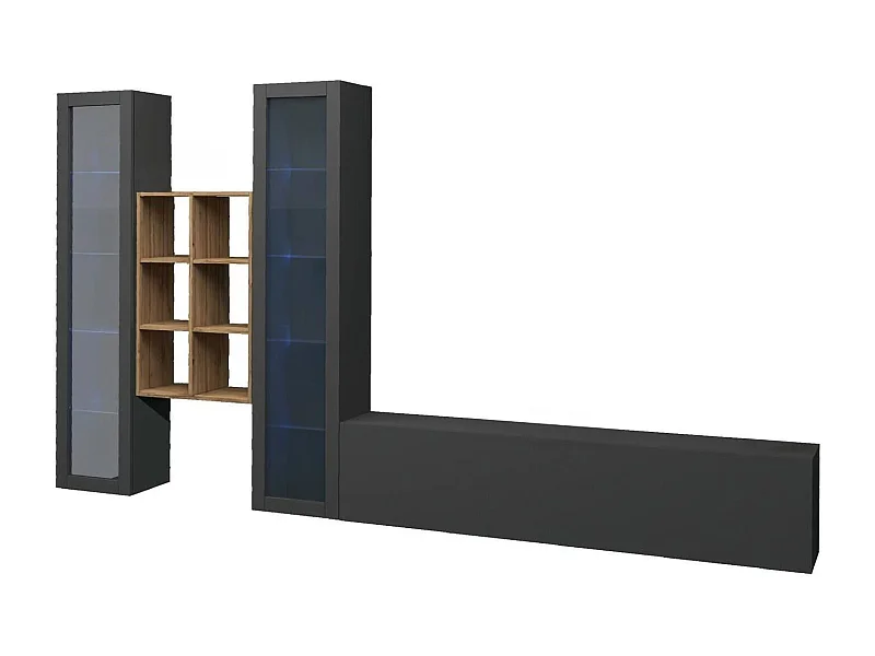 Sistema de parede Dcorrei, mÃ³vel de sala de TV de 3 portas, mobiliÃ¡rio de sala multiuso com vitrine e luz LED, 100% Fabricado em ItÃ¡lia, 320x30h180 cm, Antracite