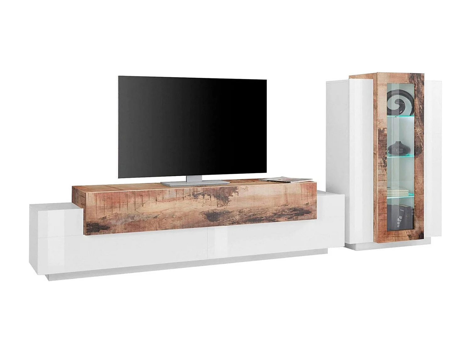 Djazir wandsysteem, TV-meubel woonkamerset, Multifunctioneel woonkamermeubilair, 100% Made in Italy, 280x45h121 cm, Glanzend wit en esdoorn