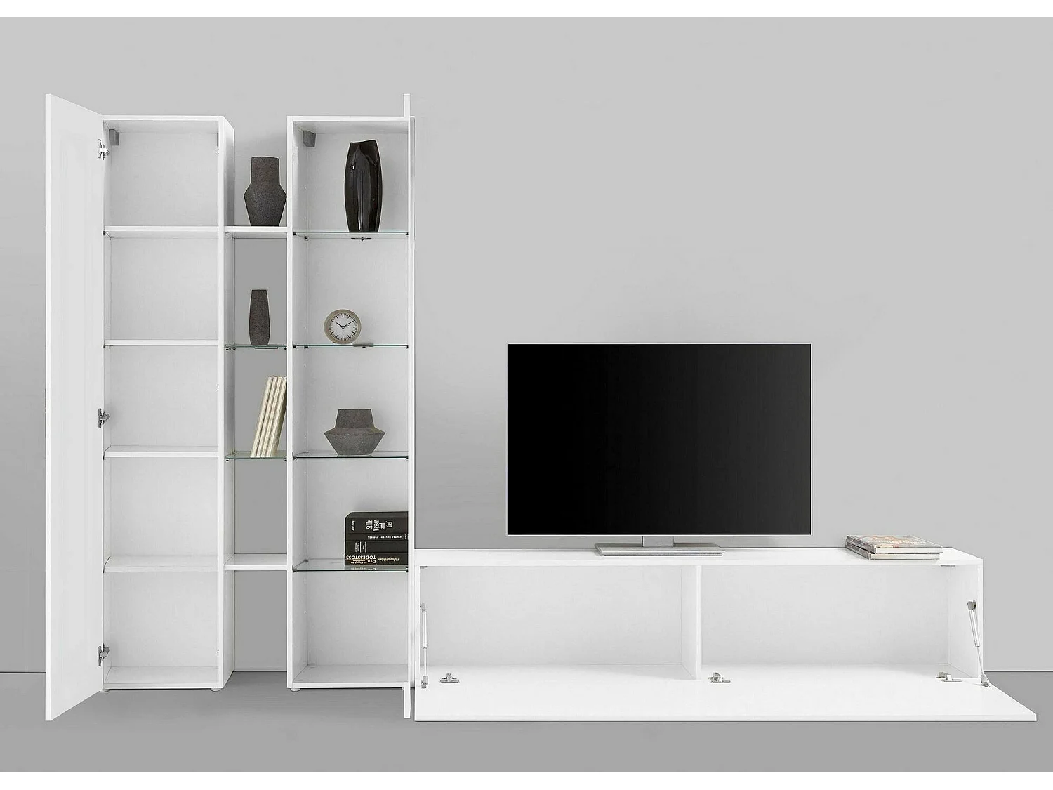 Élément mural Dcau, meuble TV 3 portes, Meuble de salon polyvalent avec vitrine et lumière LED, 100% Made in Italy, 280x30h180 cm, Blanc brillant