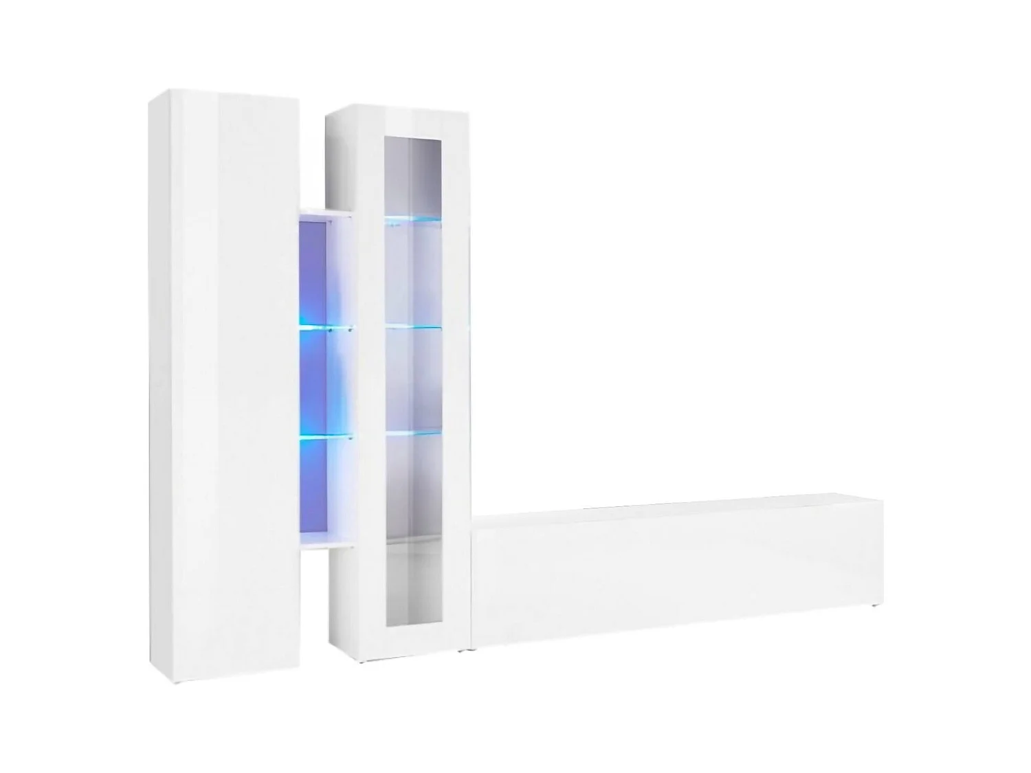 Dcau wandsysteem, 3-deurs TV-meubel woonkamerset, Multifunctioneel woonkamermeubel met vitrine en LED-licht, 100% Made in Italy, 280x30h180 cm, Glanzend wit