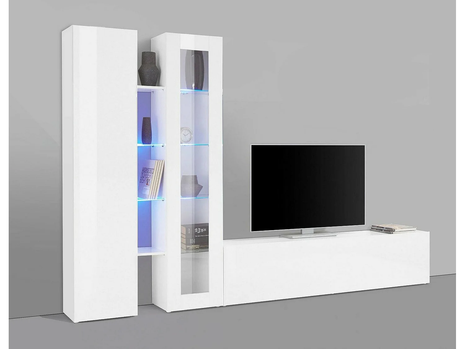 Dcau wandsysteem, 3-deurs TV-meubel woonkamerset, Multifunctioneel woonkamermeubel met vitrine en LED-licht, 100% Made in Italy, 280x30h180 cm, Glanzend wit