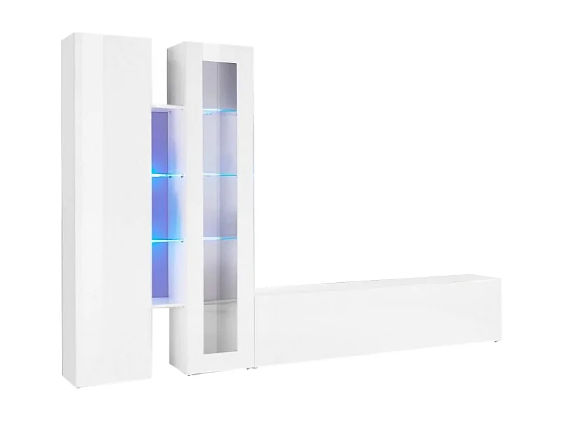 Dcau wandsysteem, 3-deurs TV-meubel woonkamerset, Multifunctioneel woonkamermeubel met vitrine en LED-licht, 100% Made in Italy, 280x30h180 cm, Glanzend wit