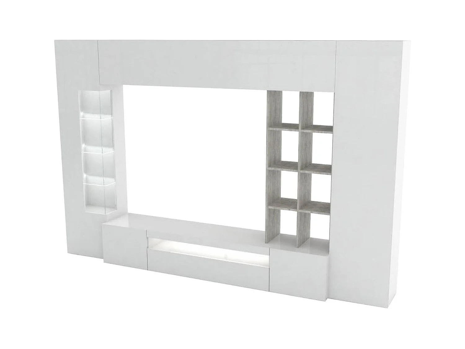 Unité murale Dfazz, ensemble de salon meuble TV, Meuble de salon polyvalent, 100% Made in Italy, 290x40h192 cm, Blanc brillant et béton
