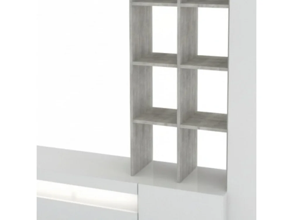 Unité murale Dfazz, ensemble de salon meuble TV, Meuble de salon polyvalent, 100% Made in Italy, 290x40h192 cm, Blanc brillant et béton