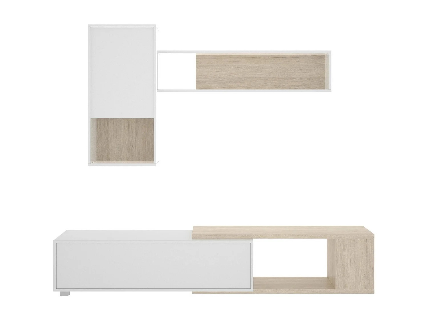 Système mural Legnone, Ensemble de salon d'angle modulable, Meubles de salon multi-positions, 230x41h180 cm, Blanc et Chêne