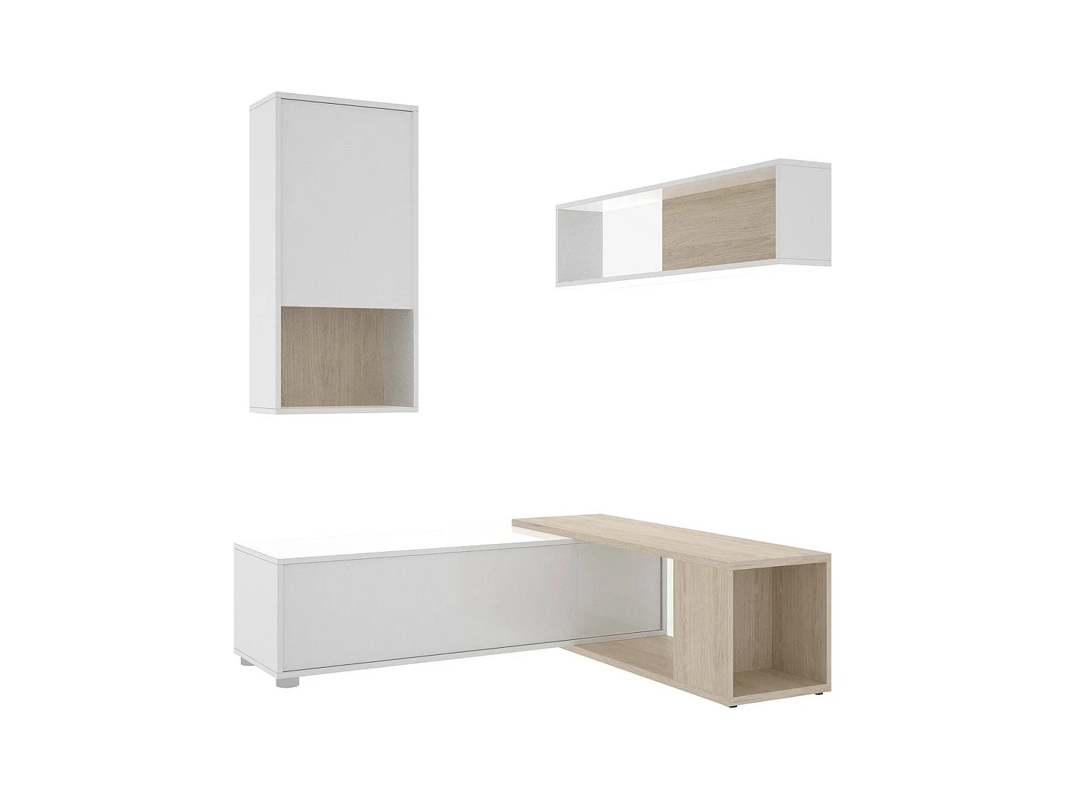 Système mural Legnone, Ensemble de salon d'angle modulable, Meubles de salon multi-positions, 230x41h180 cm, Blanc et Chêne