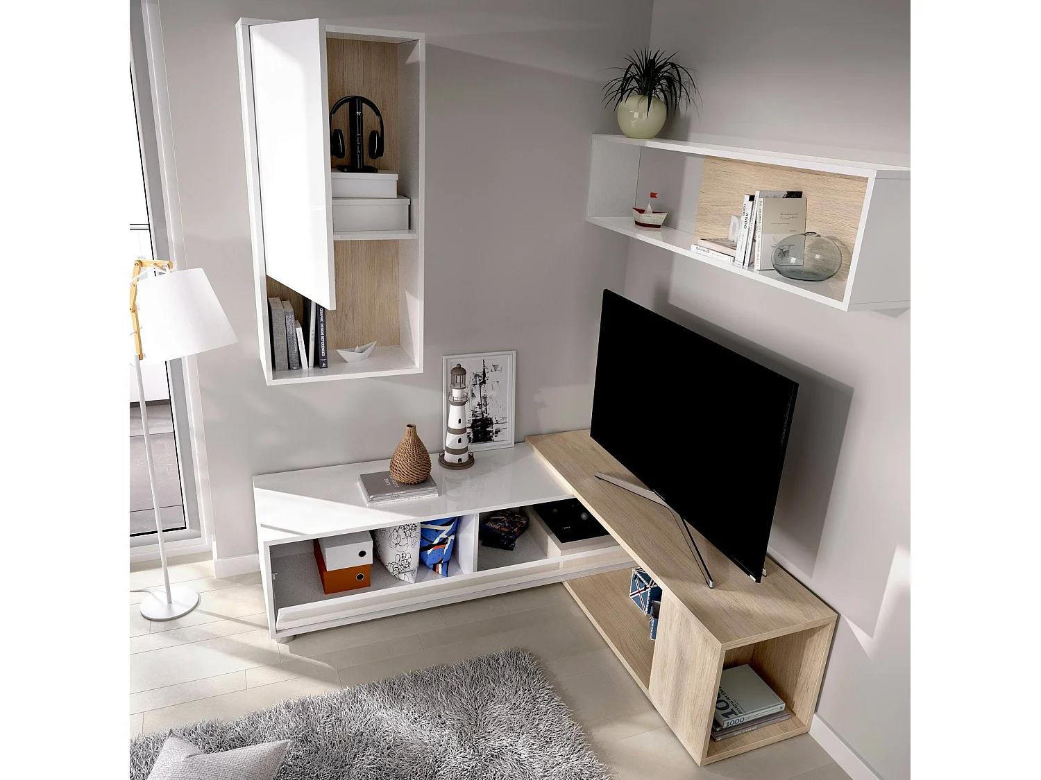 Legnone wandsysteem, Modulaire hoekwoonkamerset, Multi-positie woonkamermeubilair, 230x41h180 cm, Wit en Eiken