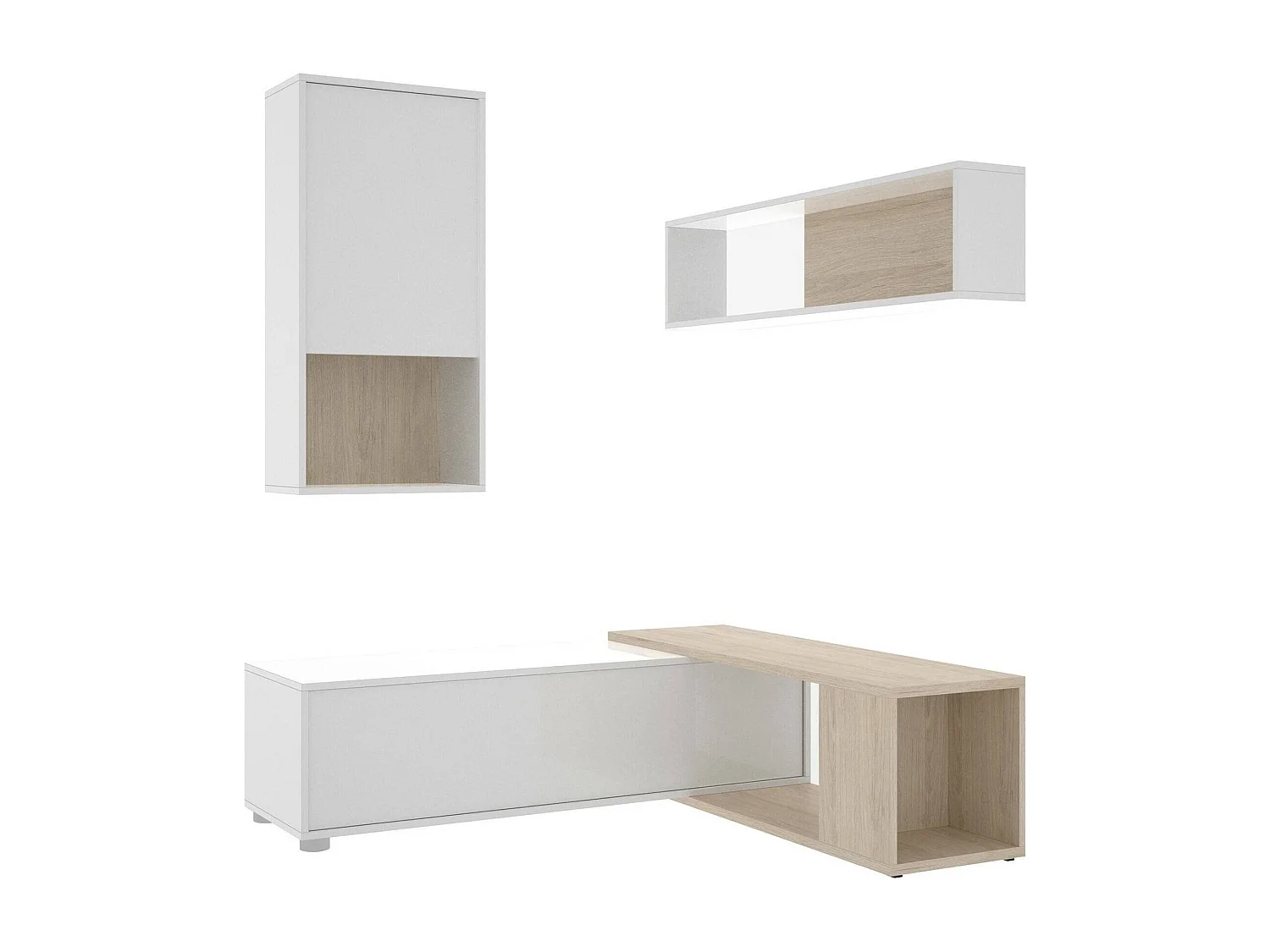 Mueble alto Legnone, Conjunto modular de salón rincón, Mueble salón multiposición, 230x41h180 cm, Blanco y Roble