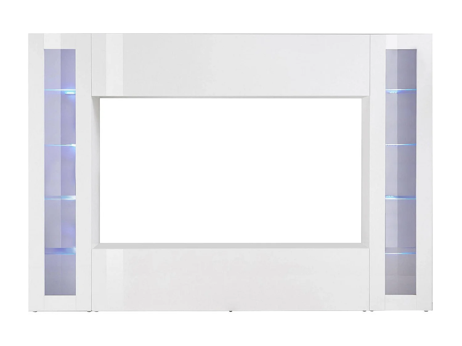 Élément mural Dgirm, meuble TV 4 portes, Meuble de salon polyvalent, 100% Made in Italy, 260x30h180 cm, Blanc brillant, avec lumière LED bleue et deux vitrines