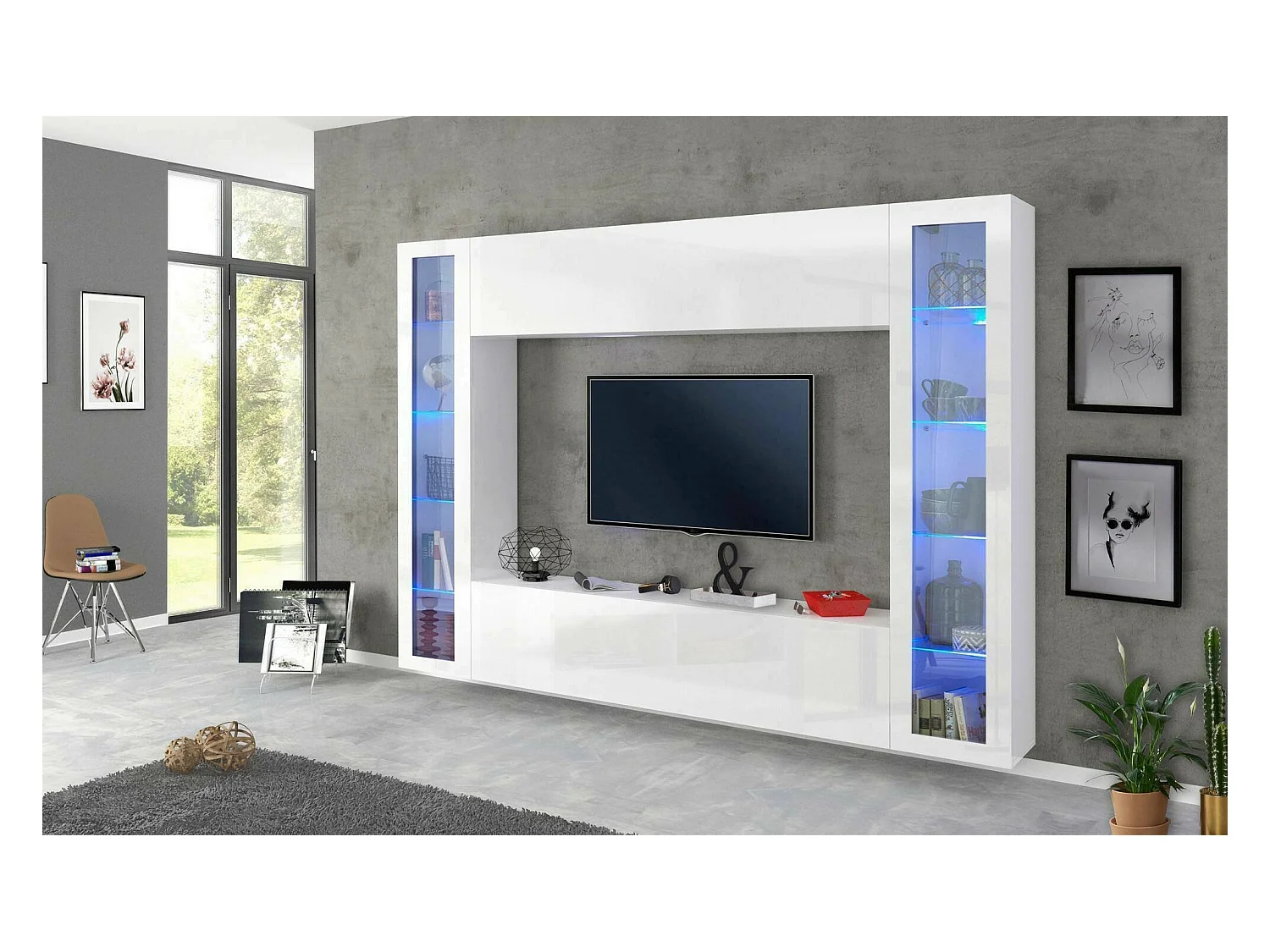 Élément mural Dgirm, meuble TV 4 portes, Meuble de salon polyvalent, 100% Made in Italy, 260x30h180 cm, Blanc brillant, avec lumière LED bleue et deux vitrines