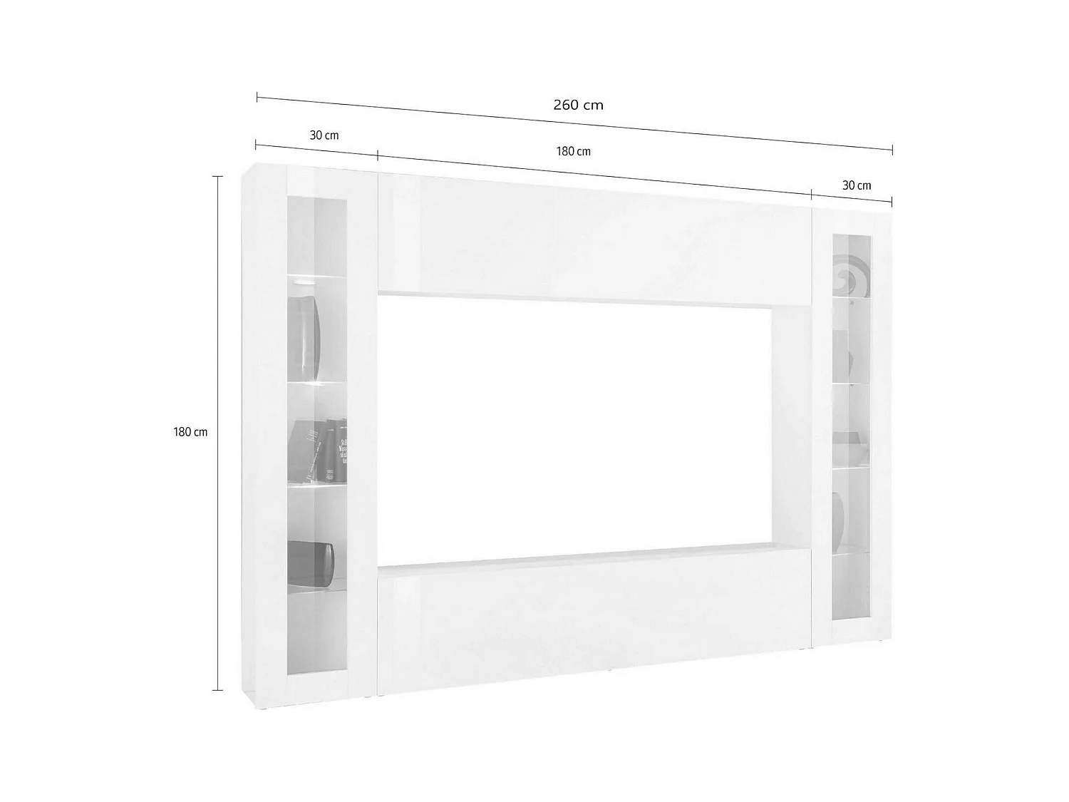 Élément mural Dgirm, meuble TV 4 portes, Meuble de salon polyvalent, 100% Made in Italy, 260x30h180 cm, Blanc brillant, avec lumière LED bleue et deux vitrines