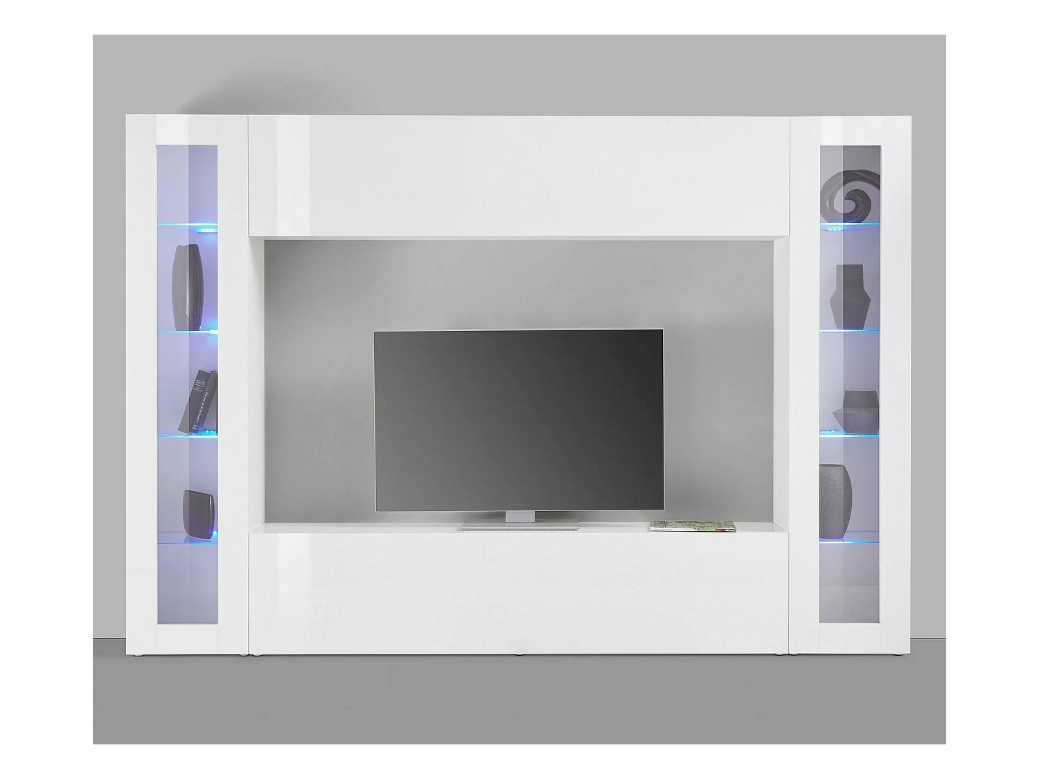 Élément mural Dgirm, meuble TV 4 portes, Meuble de salon polyvalent, 100% Made in Italy, 260x30h180 cm, Blanc brillant, avec lumière LED bleue et deux vitrines
