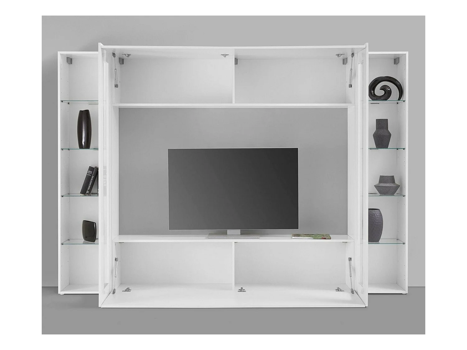 Élément mural Dgirm, meuble TV 4 portes, Meuble de salon polyvalent, 100% Made in Italy, 260x30h180 cm, Blanc brillant, avec lumière LED bleue et deux vitrines