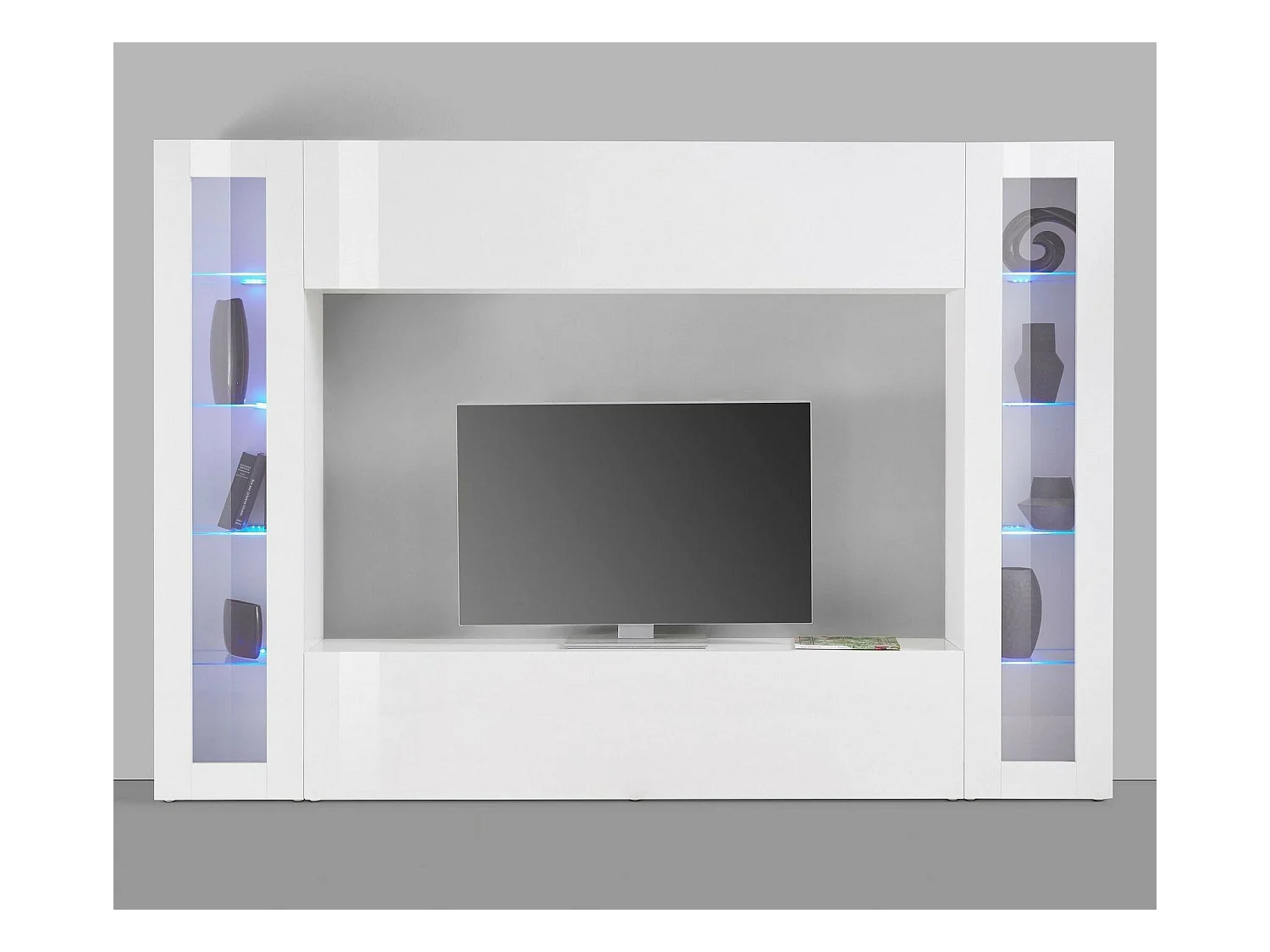 Élément mural Dgirm, meuble TV 4 portes, Meuble de salon polyvalent, 100% Made in Italy, 260x30h180 cm, Blanc brillant, avec lumière LED bleue et deux vitrines