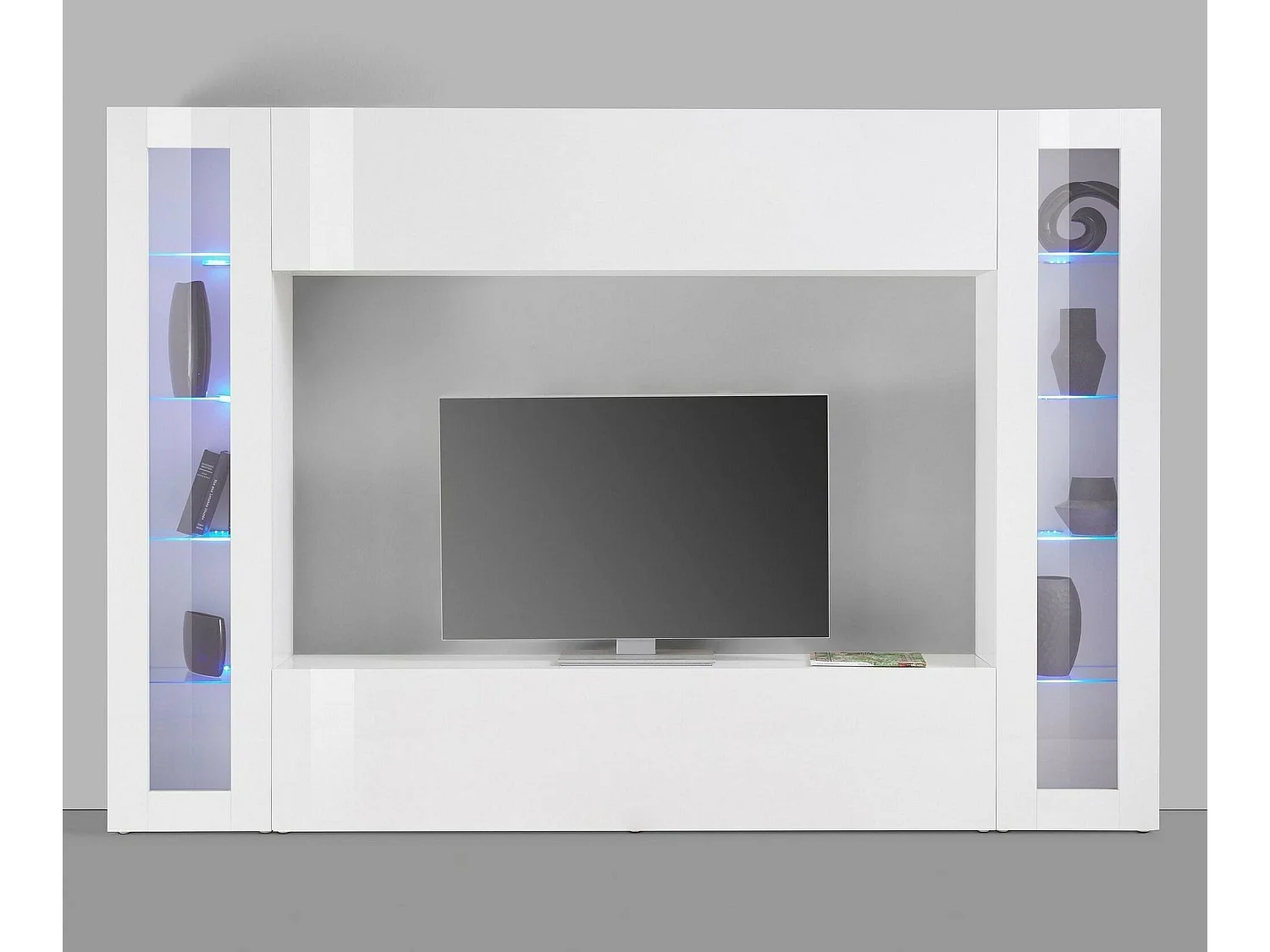 Élément mural Dgirm, meuble TV 4 portes, Meuble de salon polyvalent, 100% Made in Italy, 260x30h180 cm, Blanc brillant, avec lumière LED bleue et deux vitrines