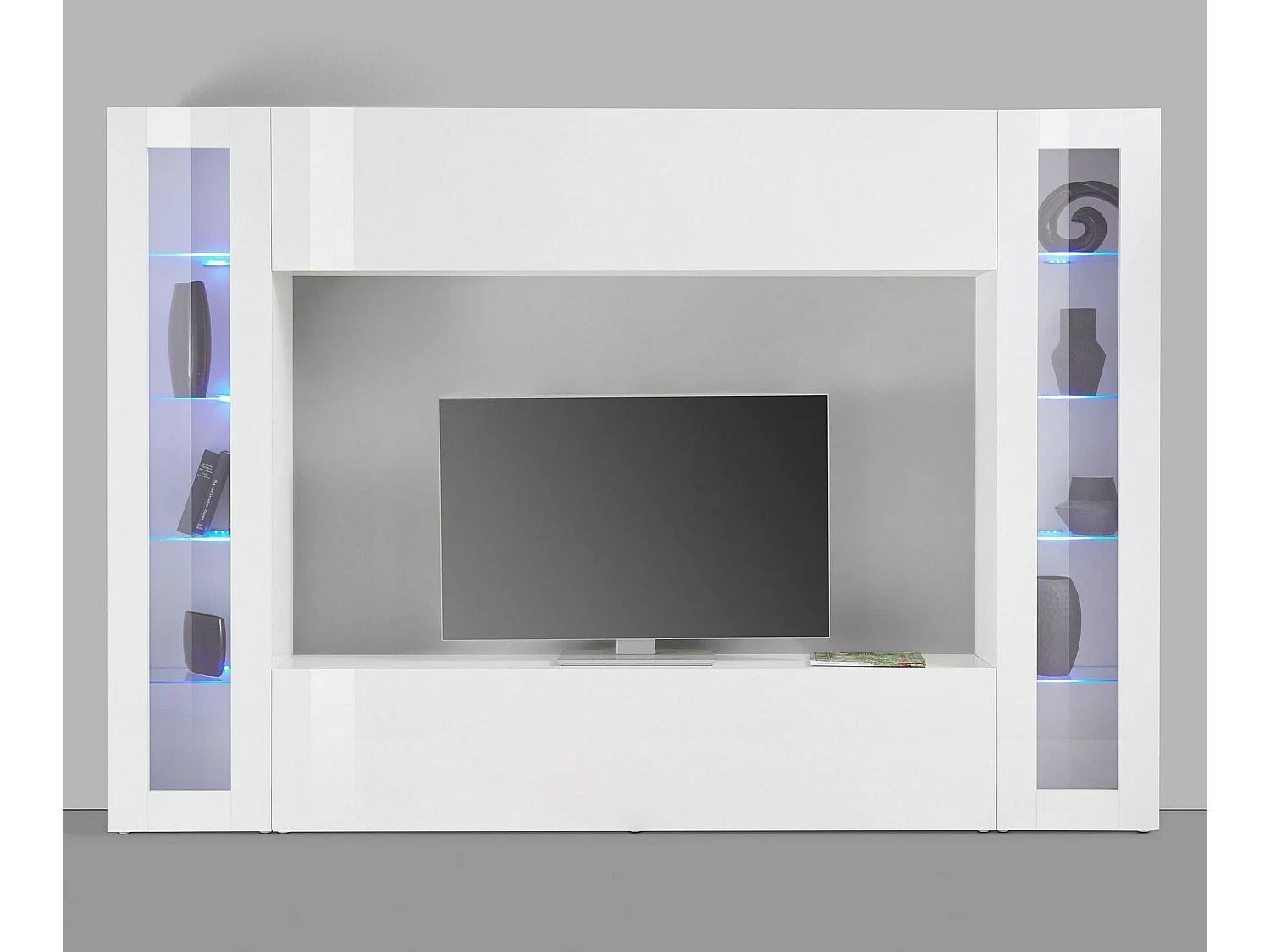 Élément mural Dgirm, meuble TV 4 portes, Meuble de salon polyvalent, 100% Made in Italy, 260x30h180 cm, Blanc brillant, avec lumière LED bleue et deux vitrines