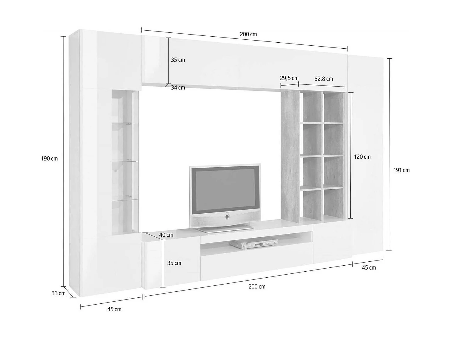 Dmora - Parete attrezzata Andy, cm 290x40h192, Bianco lucido e Cemento