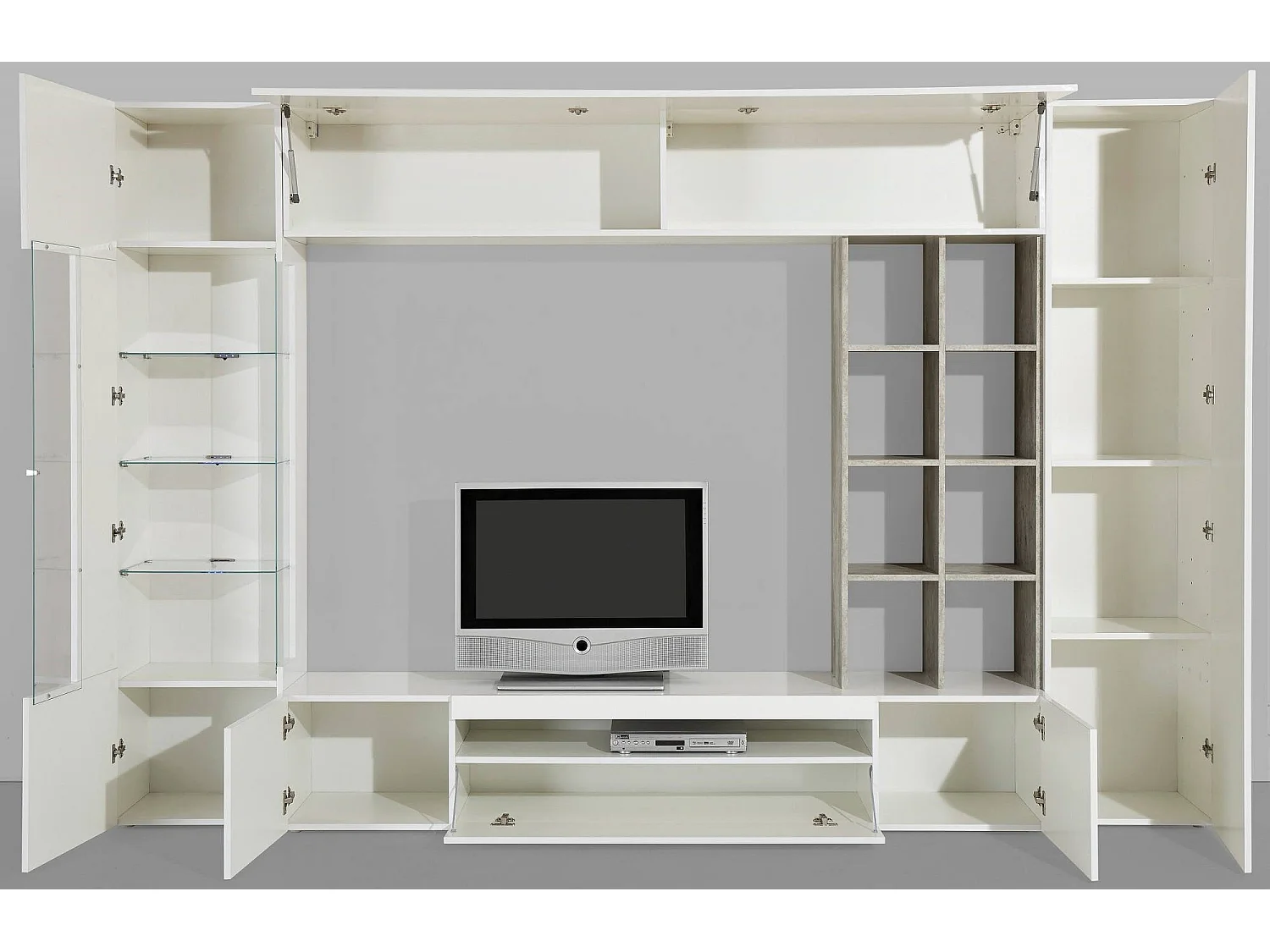 Dmora - Parete attrezzata Andy, cm 290x40h192, Bianco lucido e Cemento