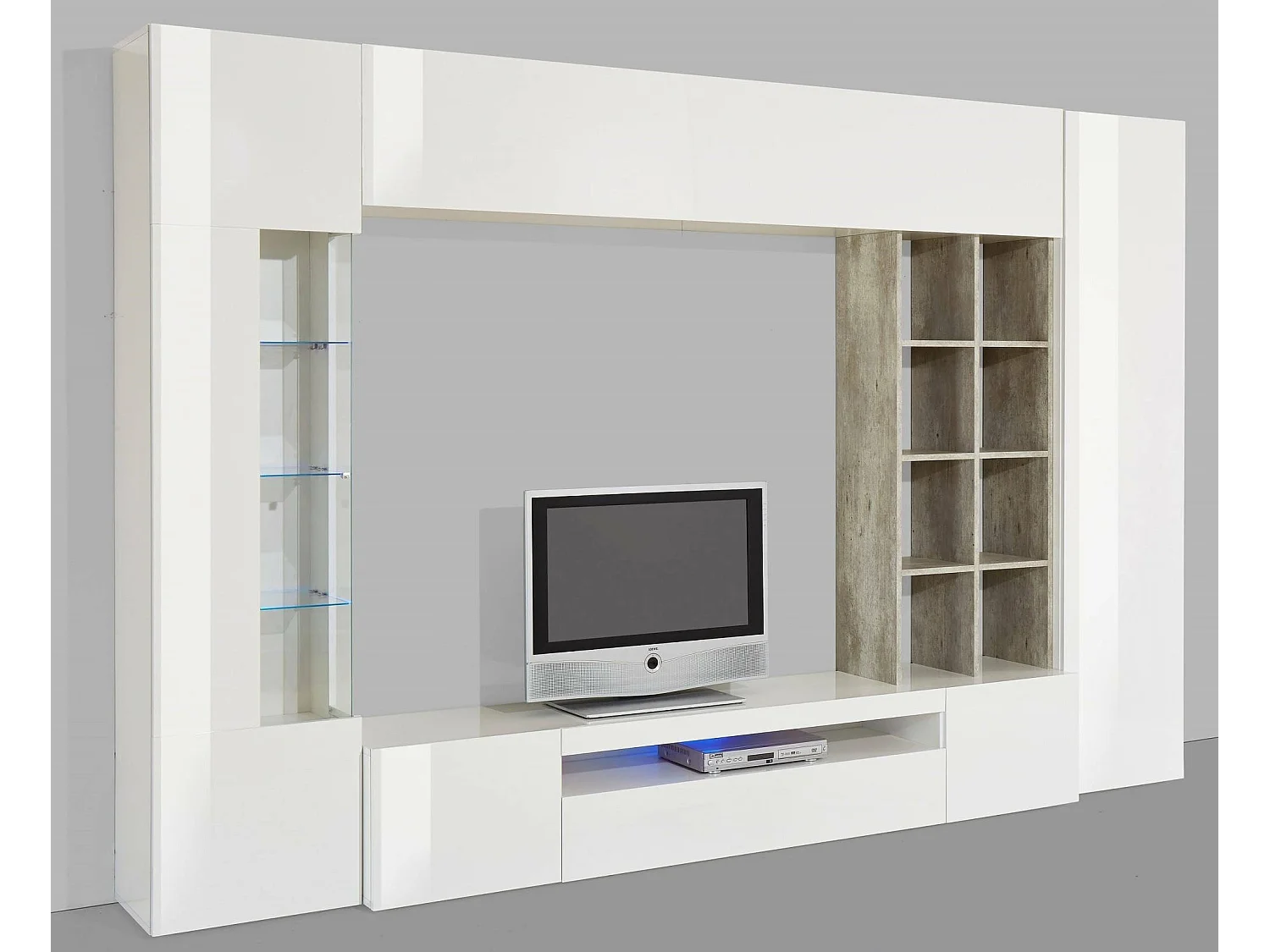 Wohnzimmermöbel Dlazzar, TV-Ständer Wohnzimmer-Set, Mehrzweck-Wohnzimmermöbel mit LED-Beleuchtung, 100 % Made in Italy, cm 290x40h192, glänzend weiÃŸ und Zement