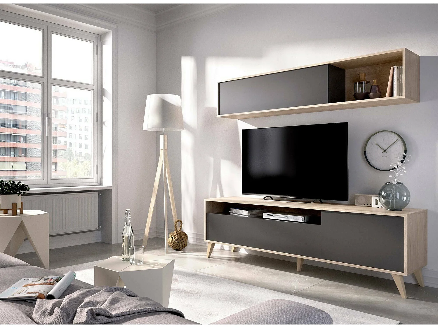 Meuble TV Dmillic, Meuble TV pour salon, Meuble de salon polyvalent, 180x41h180 cm, Anthracite et Chêne Knot