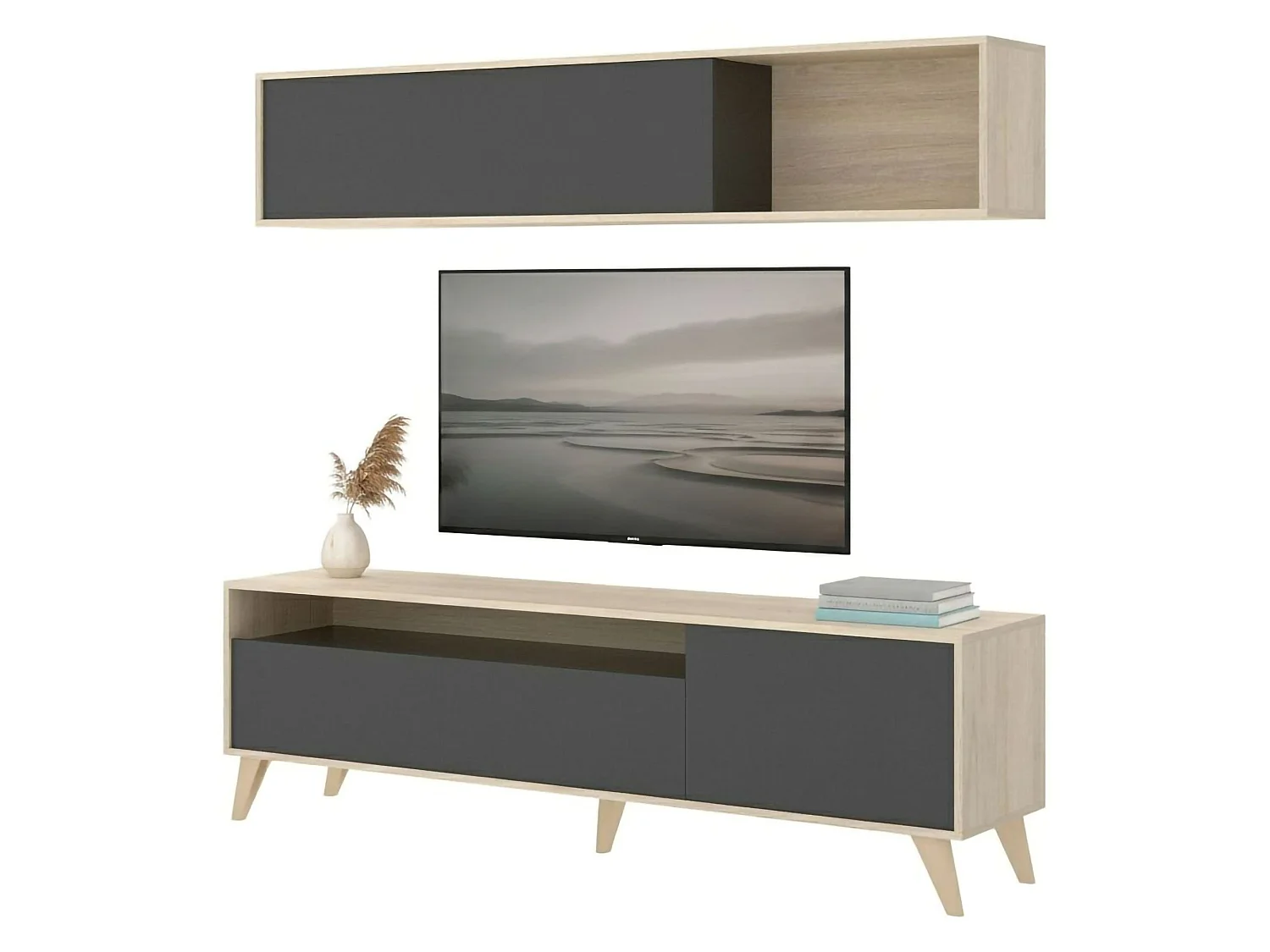 Mueble TV Dmillic, Conjunto de salón mueble TV, Mueble salón multiusos, 180x41h180 cm, Antracita y Roble Nodi