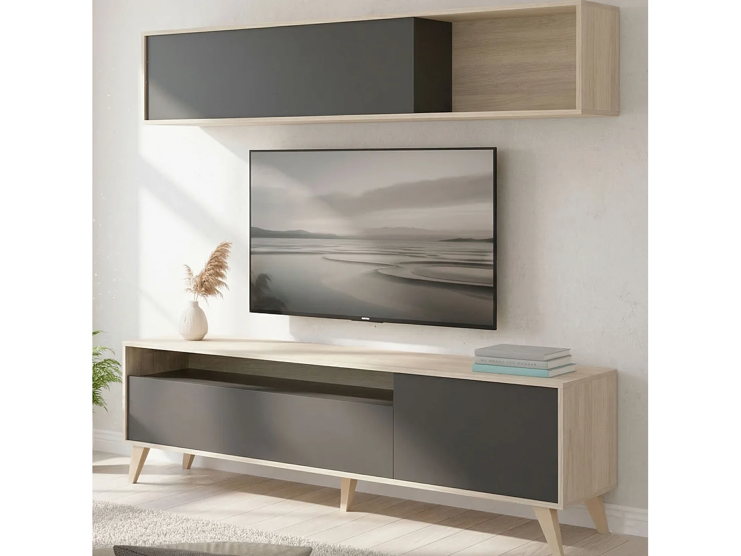 Mueble TV Dmillic, Conjunto de salón mueble TV, Mueble salón multiusos, 180x41h180 cm, Antracita y Roble Nodi