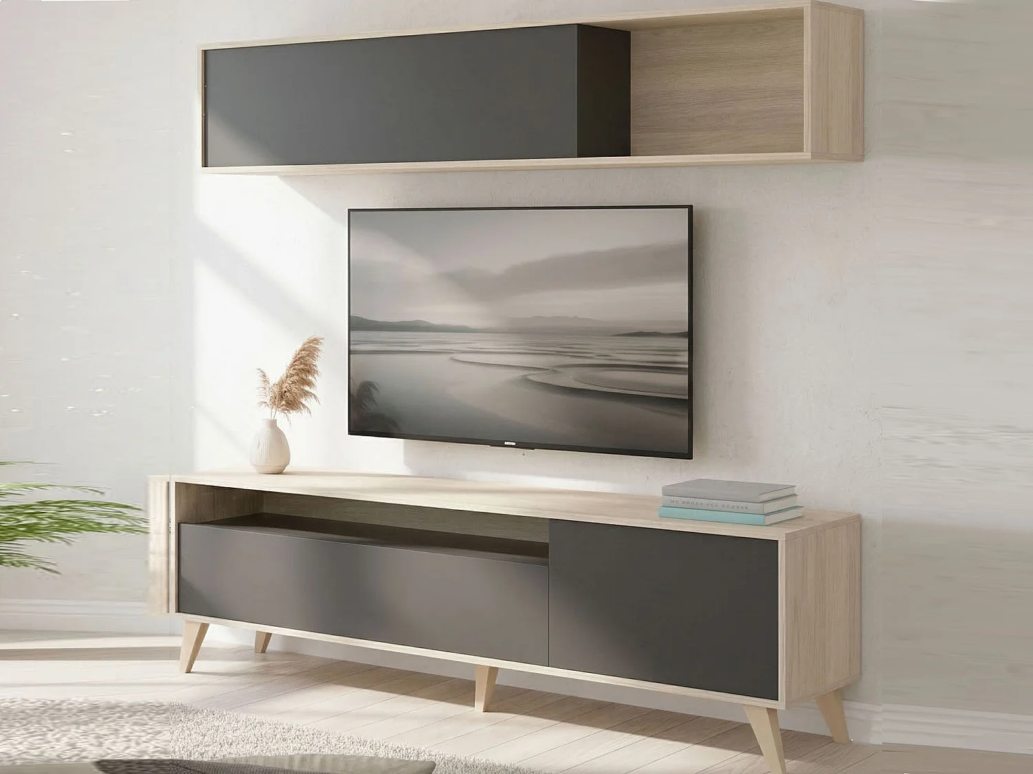 Dmillic TV-meubel, TV-meubel woonkamerset, Multifunctioneel woonkamermeubel, 180x41h180 cm, Antraciet en Knoopeiken