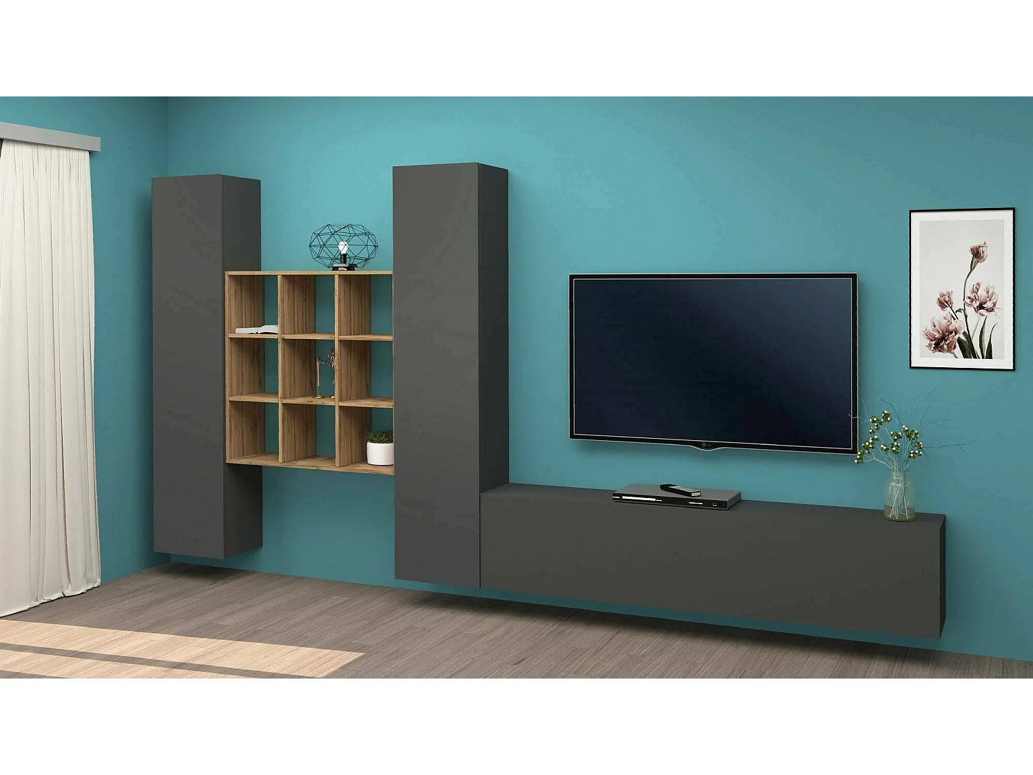 Élément mural Dcarbon, meuble TV 3 portes, Meuble de salon polyvalent, 100% Made in Italy, 270x30h180 cm, Anthracite et Érable