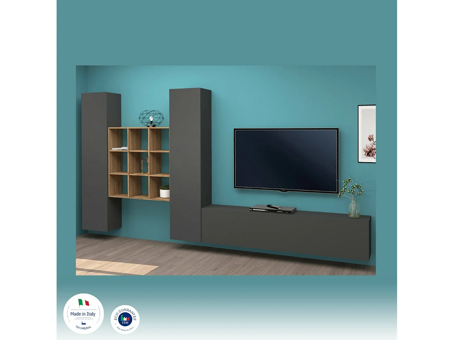 Sistema de parede Dcarbon, conjunto de sala de TV com 3 portas, móveis de sala multiuso, 100% Made in Italy, 270x30h180 cm, Antracite e Maple