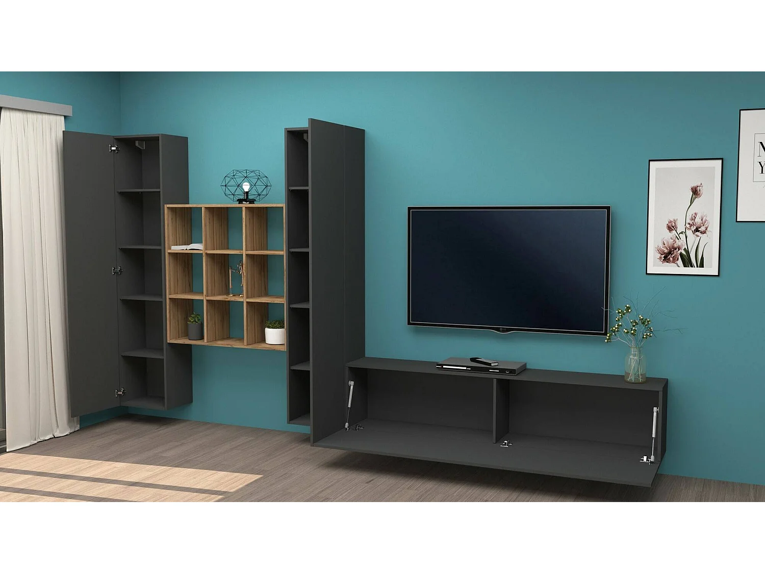 Pared Equipada Dcarbon, Conjunto de salón Mueble TV con 3 puertas, Mueble de salón polivalente, 100% Made in Italy, cm 270x30h180, Antracita y Arce
