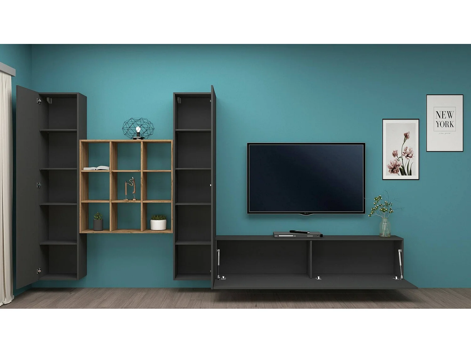Pared Equipada Dcarbon, Conjunto de salón Mueble TV con 3 puertas, Mueble de salón polivalente, 100% Made in Italy, cm 270x30h180, Antracita y Arce