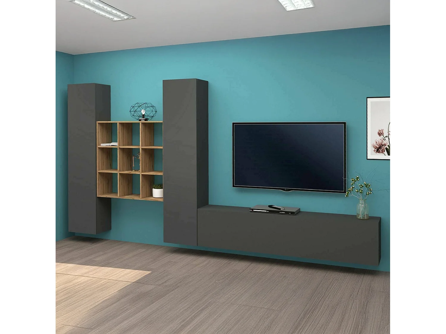 Élément mural Dcarbon, meuble TV 3 portes, Meuble de salon polyvalent, 100% Made in Italy, 270x30h180 cm, Anthracite et Érable