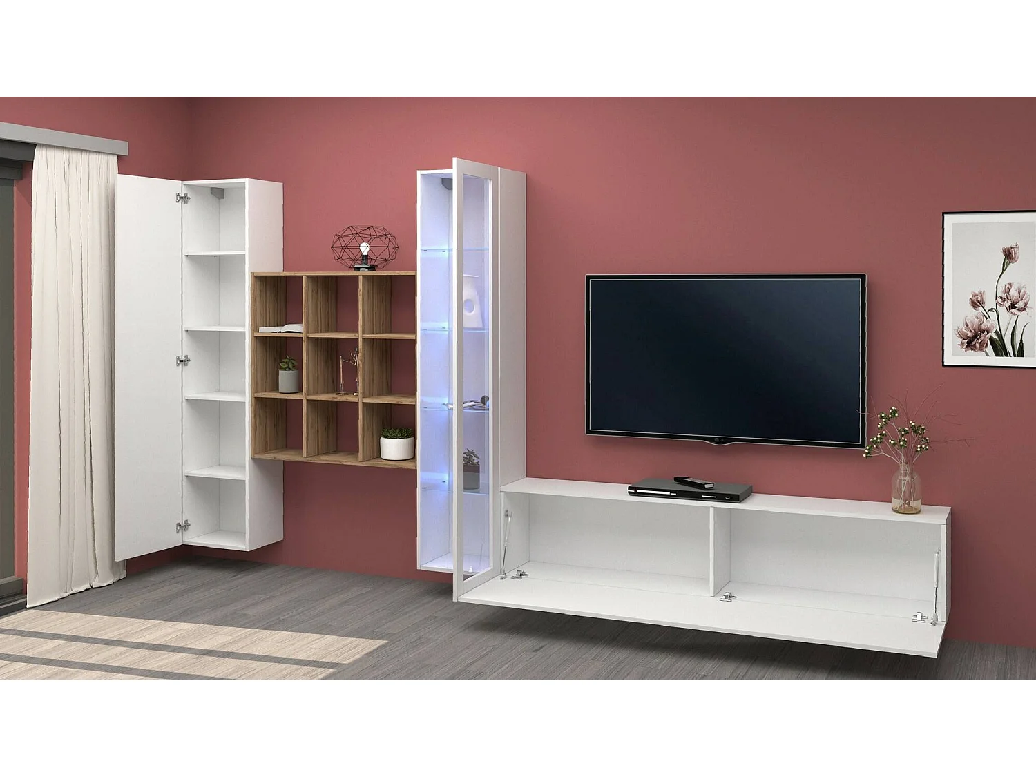 Système mural Dcapann, meuble TV 3 portes, Meuble de salon polyvalent avec vitrine et lumière LED, 100% Made in Italy, 310x30h180 cm, Blanc brillant et Érable