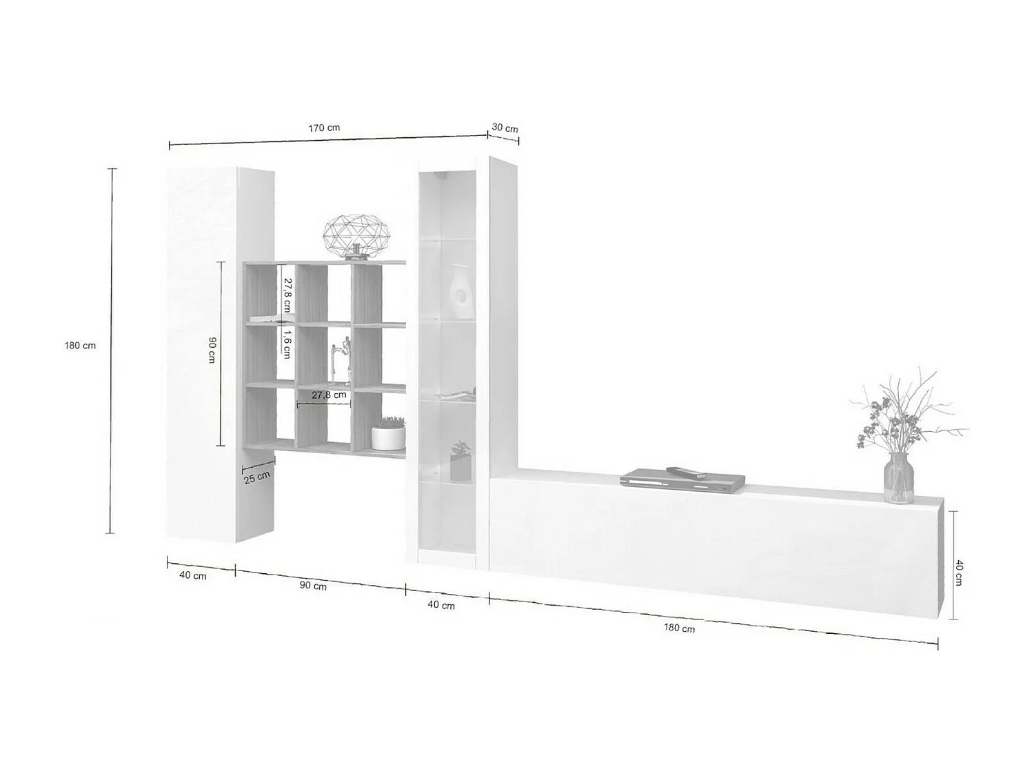 Système mural Dcapann, meuble TV 3 portes, Meuble de salon polyvalent avec vitrine et lumière LED, 100% Made in Italy, 310x30h180 cm, Blanc brillant et Érable