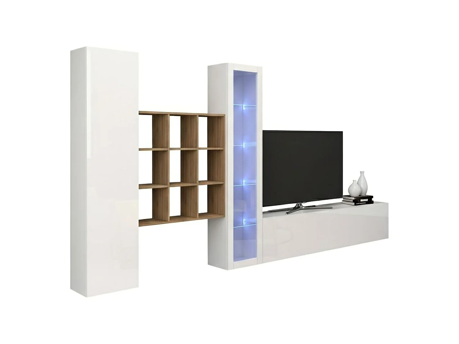 Système mural Dcapann, meuble TV 3 portes, Meuble de salon polyvalent avec vitrine et lumière LED, 100% Made in Italy, 310x30h180 cm, Blanc brillant et Érable