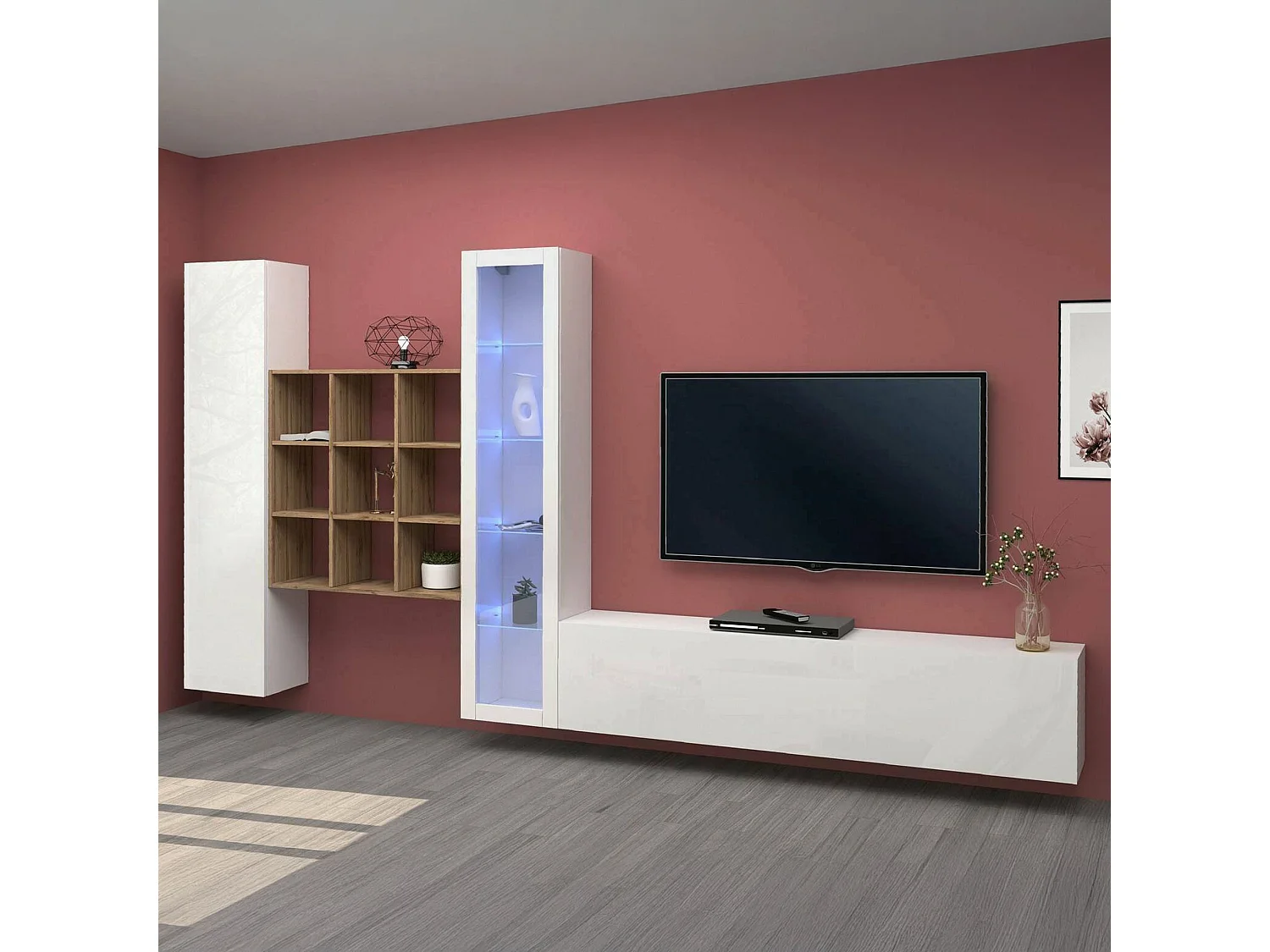 Système mural Dcapann, meuble TV 3 portes, Meuble de salon polyvalent avec vitrine et lumière LED, 100% Made in Italy, 310x30h180 cm, Blanc brillant et Érable