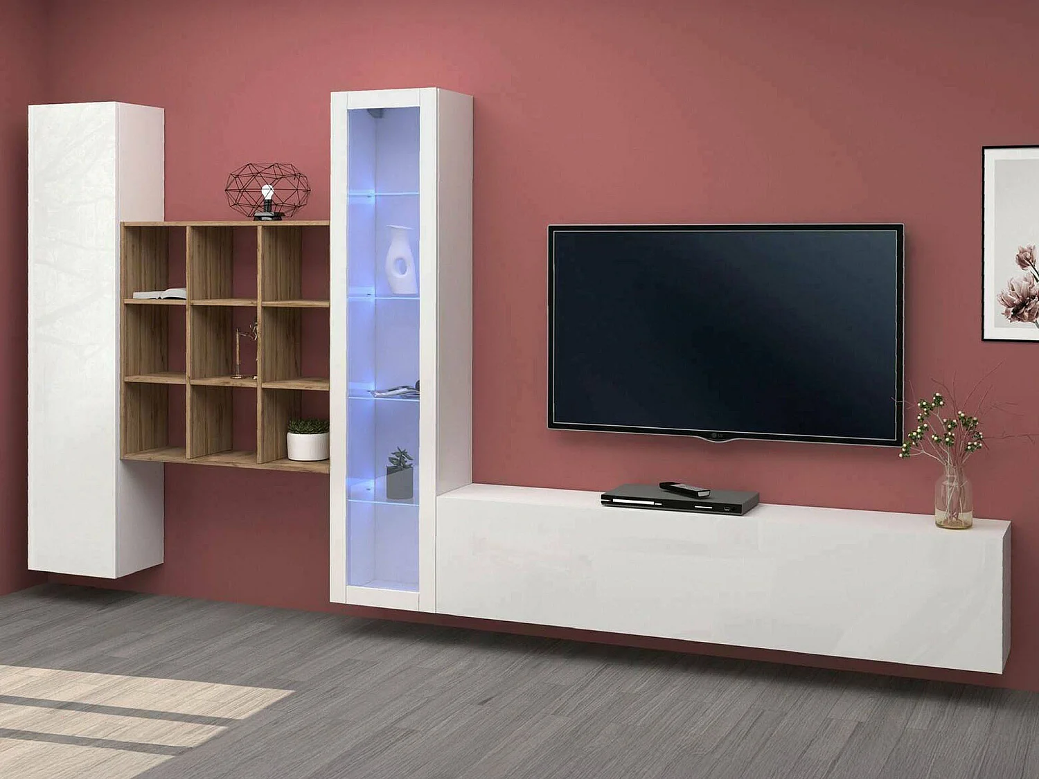 Système mural Dcapann, meuble TV 3 portes, Meuble de salon polyvalent avec vitrine et lumière LED, 100% Made in Italy, 310x30h180 cm, Blanc brillant et Érable