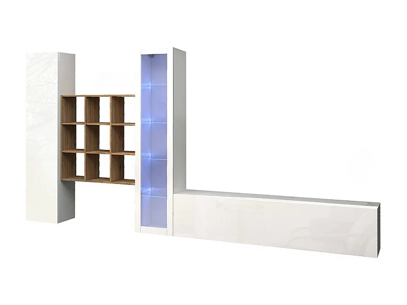 Système mural Dcapann, meuble TV 3 portes, Meuble de salon polyvalent avec vitrine et lumière LED, 100% Made in Italy, 310x30h180 cm, Blanc brillant et Érable