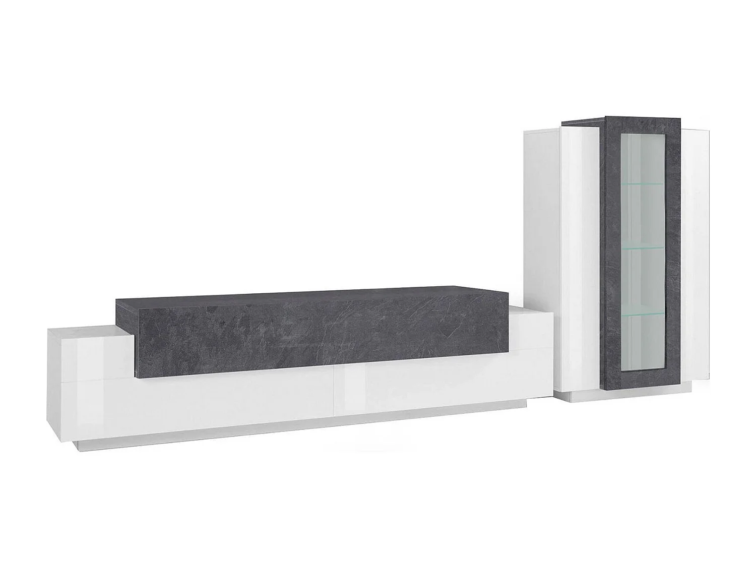 Dmora - Parete attrezzata Anisia, cm 280x45h121, Bianco lucido e Ardesia